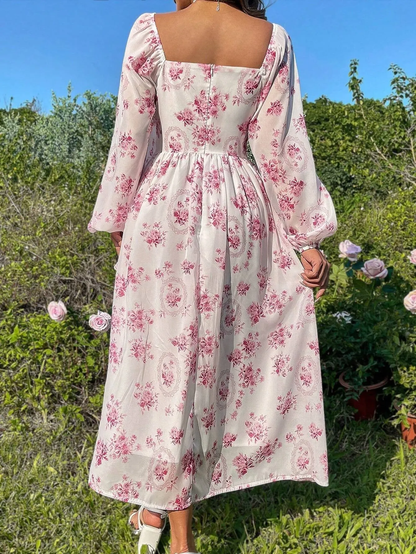 Pink Floral Lantern Sleeve Pleated Dress