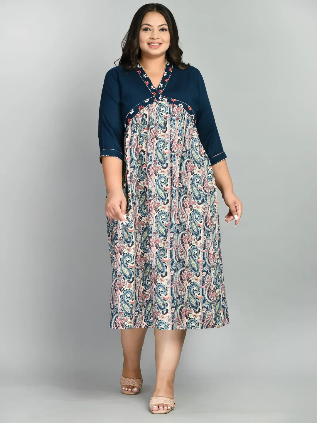 Plus Size Colourful Embroidered Teal Dress