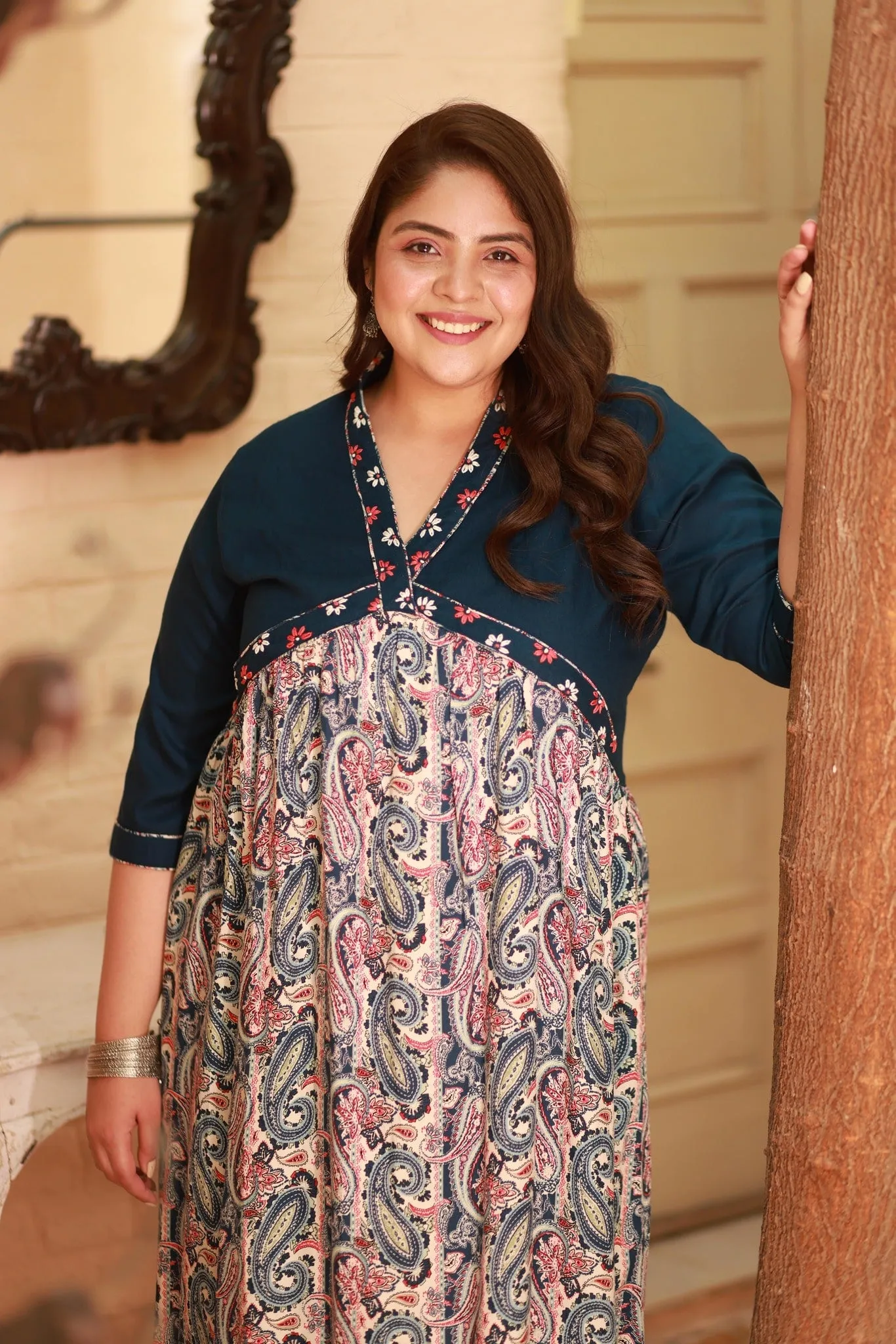 Plus Size Colourful Embroidered Teal Dress