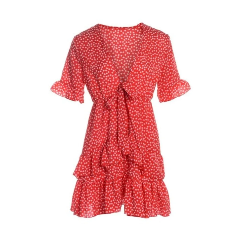 Polka Dot Ruffle Knot V-Neck Mini Dress