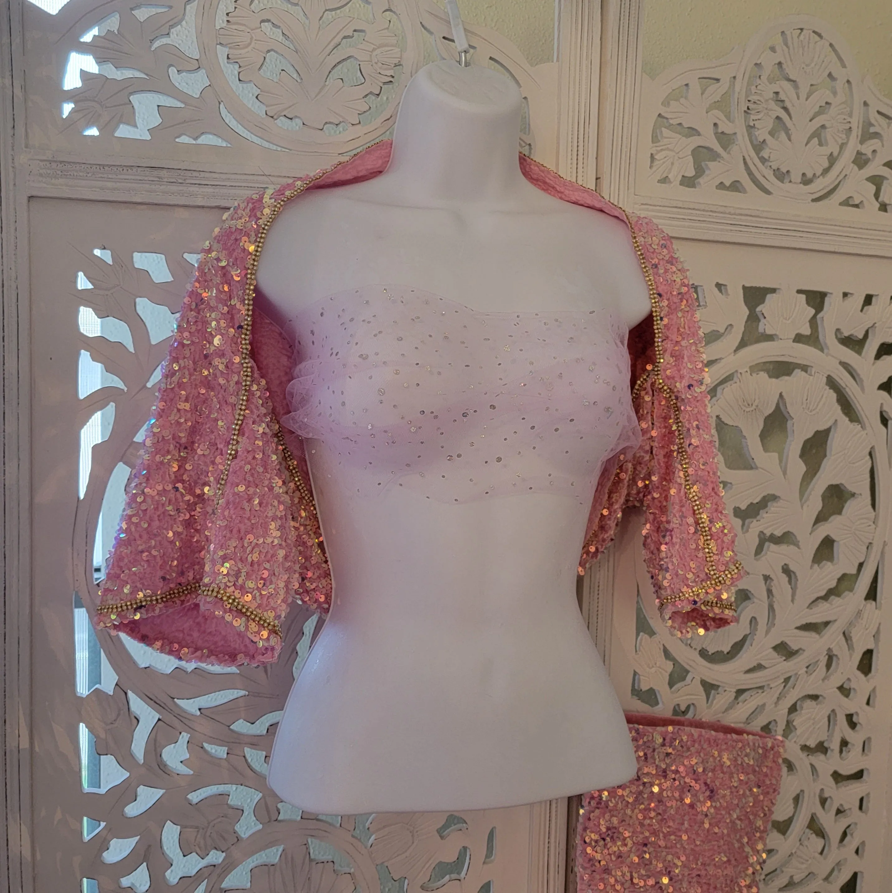 "KAYA" Iridescent Pink Sequin Velvet Shrug Sweater