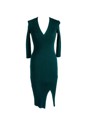 REISS forest green long sleeve v-neck knit body-con dress midi length, S