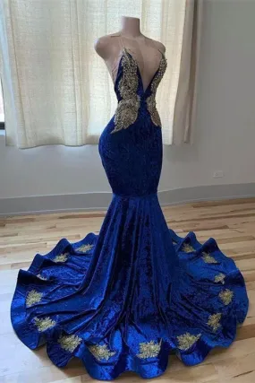 Royal Blue V-neck Spaghetti Straps Beading Sleeveless Floor-length Mermaid Prom Dresses