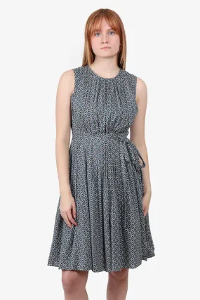 'S Max Mara Blue/Grey Printed Cotton Pleated Sleeveless Dress with Waist Tie Size S