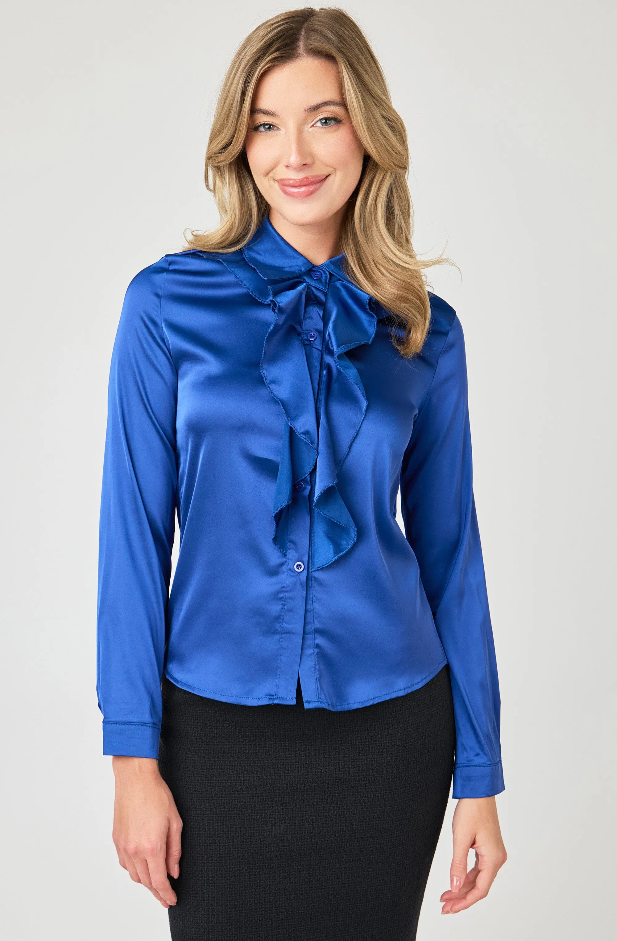 Satin Button-up Blouse with V-neck Ruffles