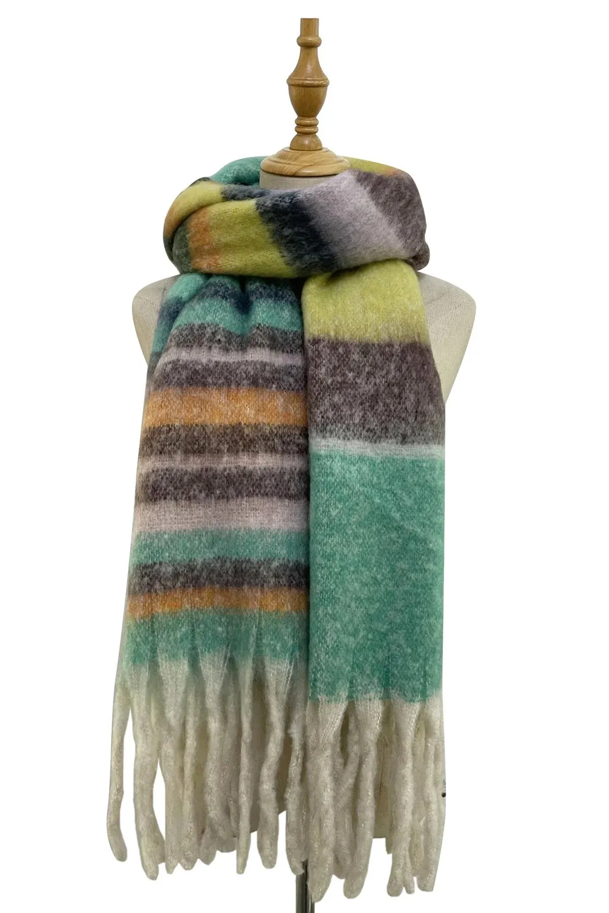 SC-7209-C Mint Green Stripe Blanket Tassel Scarf