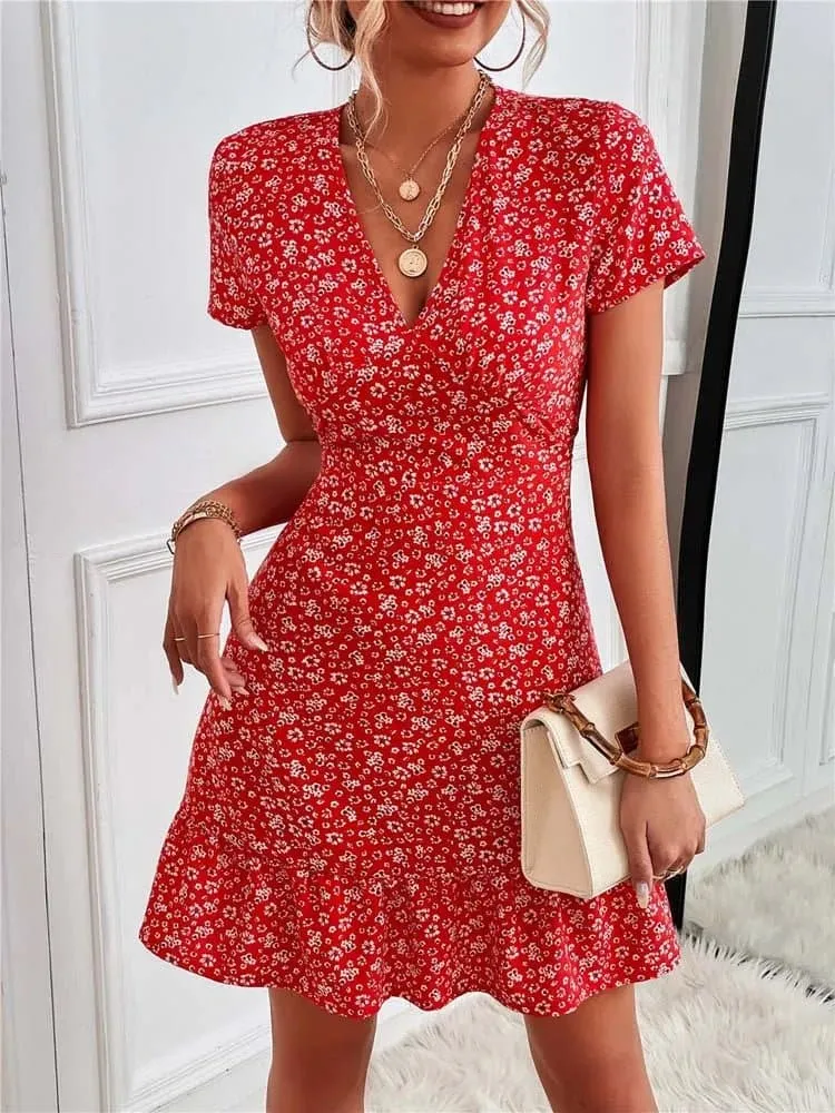 Short Boho Dress - Floral A-Line Mini Dress for Women | V-Neck, Regular Sleeve, Empire Waist