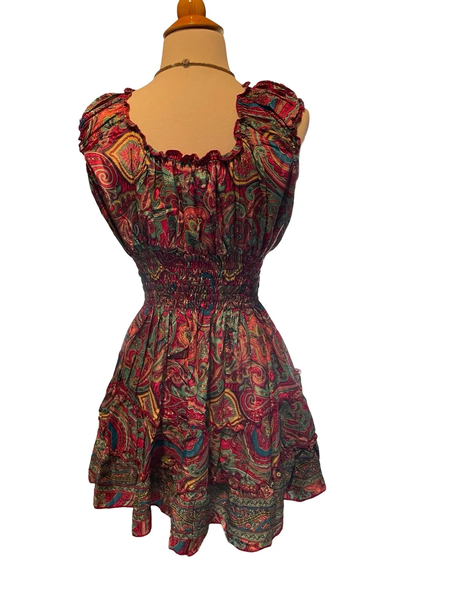 Short boho silk tiered dress (dark pink)