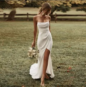 Simple Sexy Boho Mermaid High Slit Bohemian Satin Wedding Bridal Gown