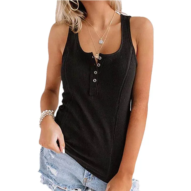 Solid Color Button Sleeveless Tank Top T Shirt Women