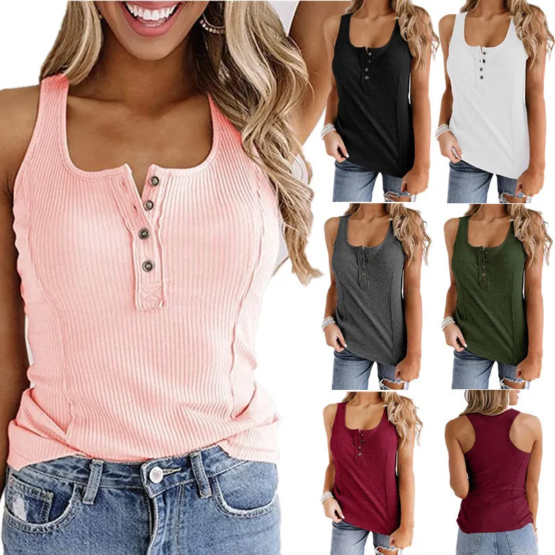 Solid Color Button Sleeveless Tank Top T Shirt Women