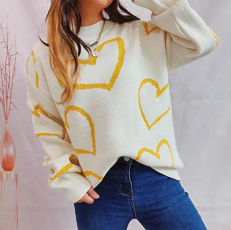 Valentine's Day Love Sweater Long Sleeve Knit Pullover Yellow