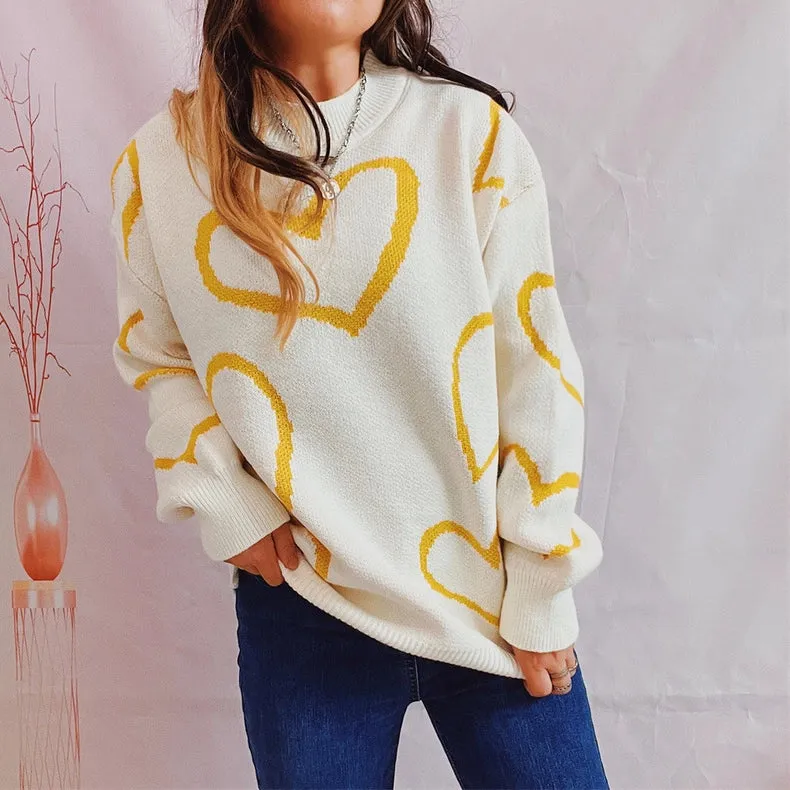 Valentine's Day Love Sweater Long Sleeve Knit Pullover Yellow