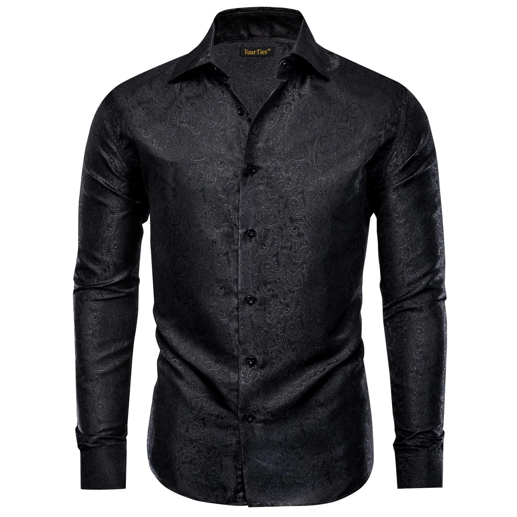 YourTies Men's Black Long Sleeve Paisley Jacquard Button Dress Shirt