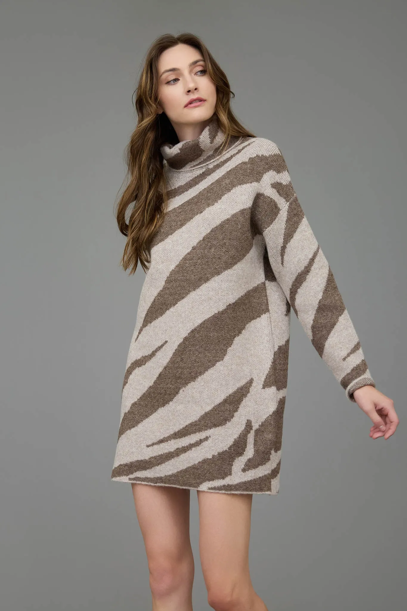 ZEBRA PRINT TURTLENECK LONG SLEEVE SWEATER DRESS