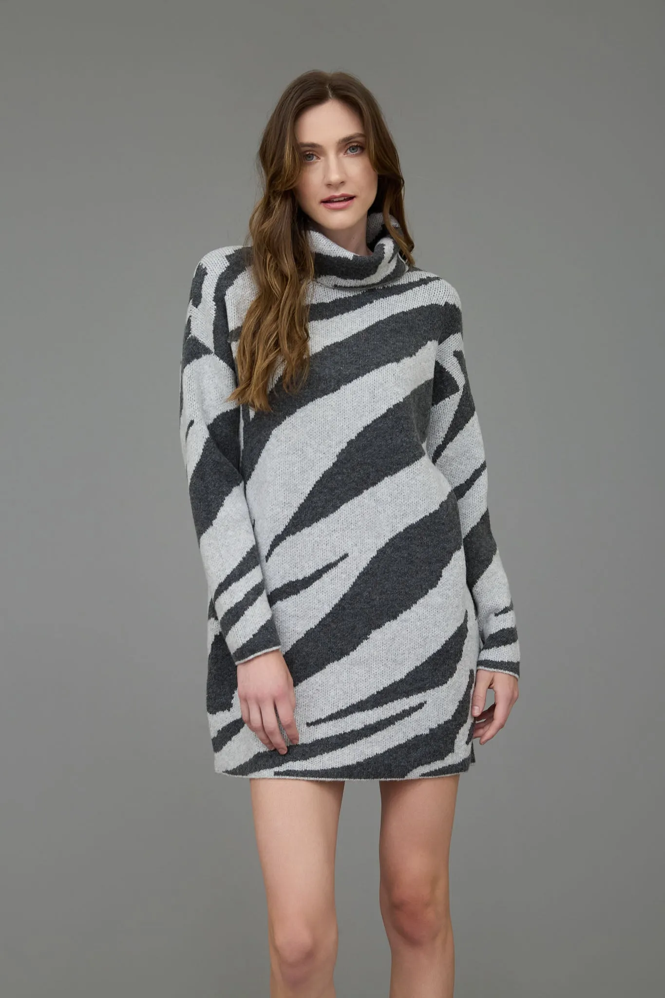 ZEBRA PRINT TURTLENECK LONG SLEEVE SWEATER DRESS