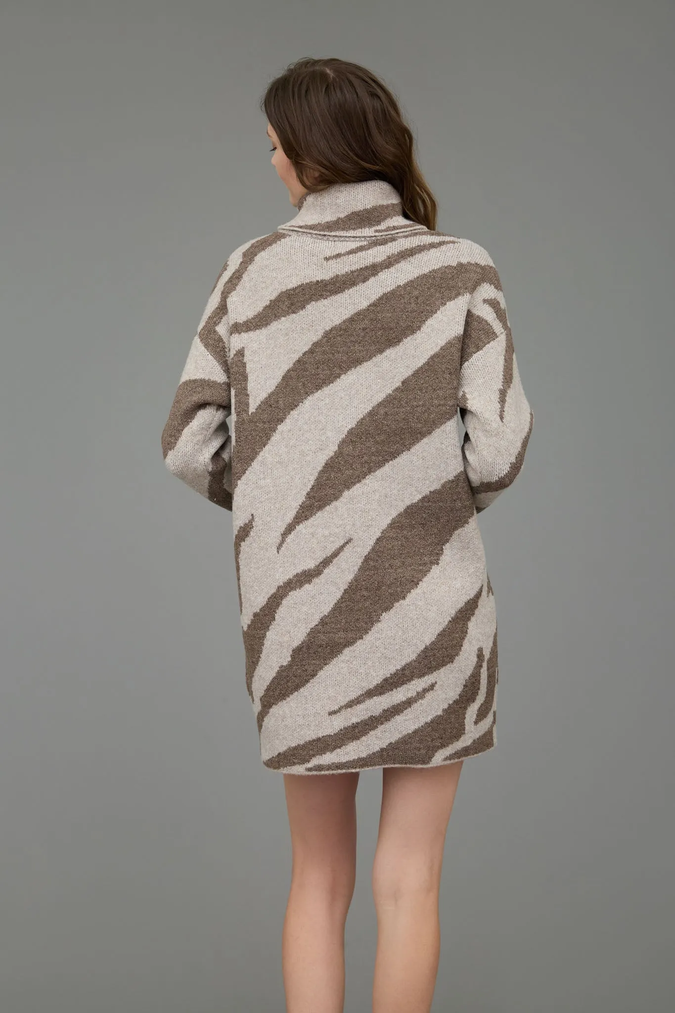 ZEBRA PRINT TURTLENECK LONG SLEEVE SWEATER DRESS