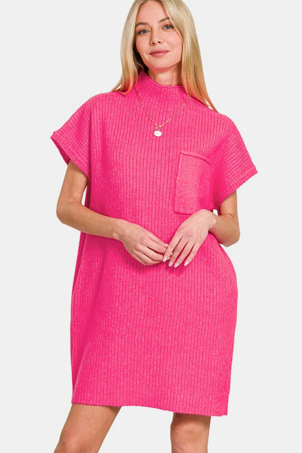 ZENANA Women's Hot Pink Short Sleeve Sweater Mini Dress